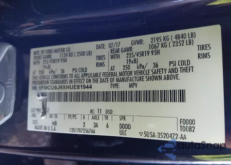 2017 Ford Escape Titanium из США, поврежденный, VIN 1FMCU9J9XHUE81944